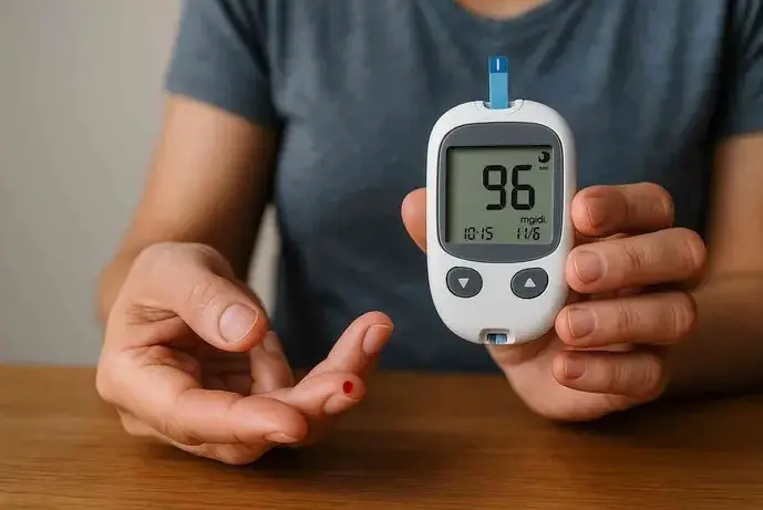 Person at a table holding a handheld meter as part of their daily routine